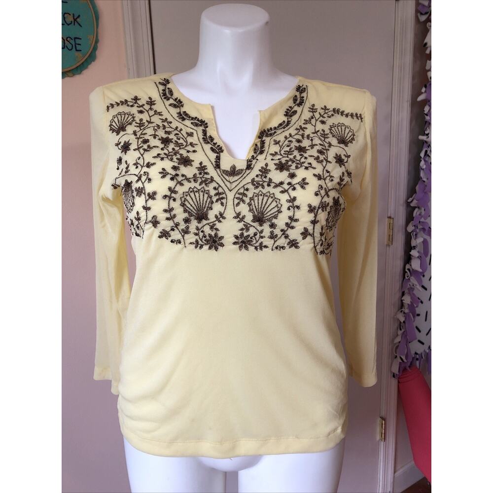 i.e. Blouse Embroidered Floral Sheer Lined Yellow Boho XL Stretch 3/4 Sleeve